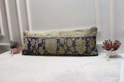 Vintage Turkish Rug Lumbar Pillow Cover: Blue Green Floral Bolster (12x36)