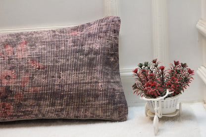 Floral Turkish Rug Lumbar Pillow Cover: Vintage Pink Rose Print, 12x36