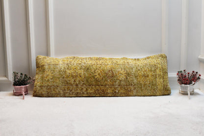 Vintage Turkish Rug Lumbar Pillow Cover: Yellow Green Floral, 12x36 Boho