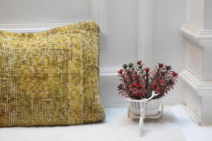 Vintage Turkish Rug Lumbar Pillow Cover: Yellow Green Floral, 12x36 Boho