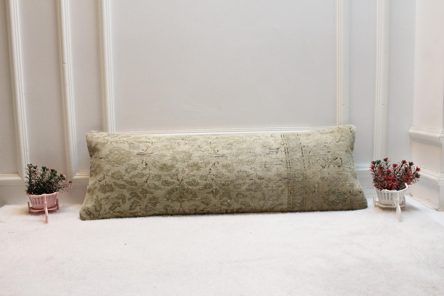 Vintage Turkish Rug Lumbar Pillow Cover: Beige Floral Bolster (12x36)