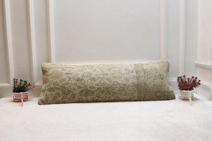 Vintage Turkish Rug Lumbar Pillow Cover: Beige Floral Bolster (12x36)