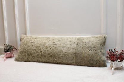 Vintage Turkish Rug Lumbar Pillow Cover: Beige Floral Bolster (12x36)