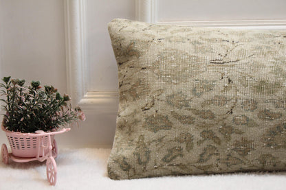 Vintage Turkish Rug Lumbar Pillow Cover: Beige Floral Bolster (12x36)