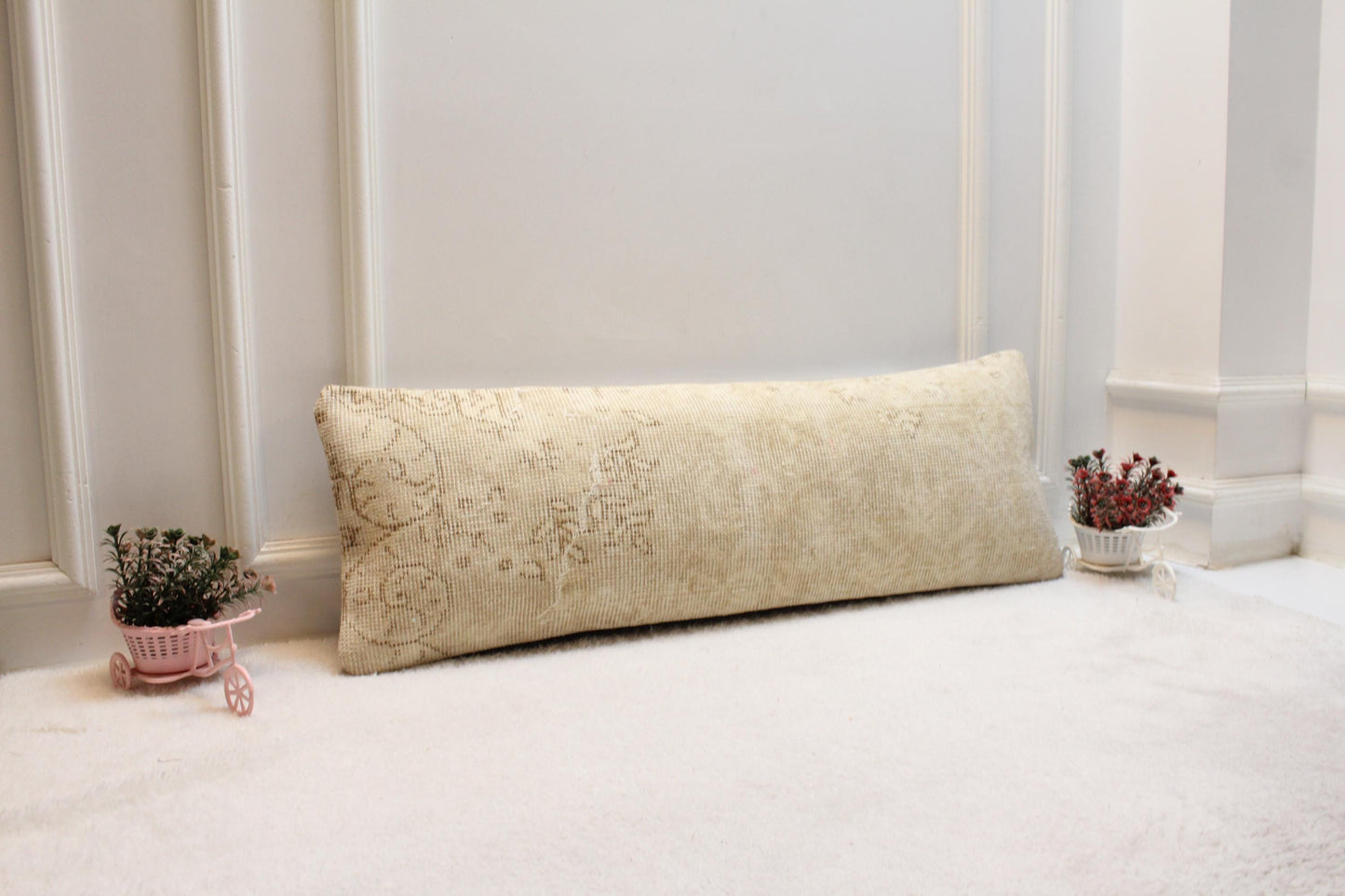 Vintage Turkish Rug Lumbar Pillow Cover: Beige Rustic Bolster, 12x36