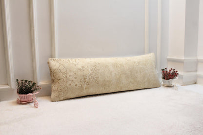 Vintage Turkish Rug Lumbar Pillow Cover: Beige Rustic Bolster, 12x36