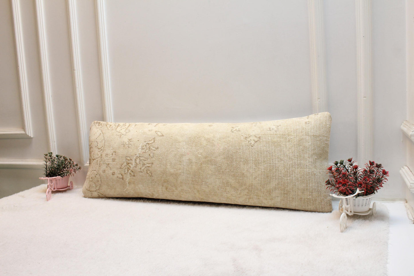 Vintage Turkish Rug Lumbar Pillow Cover: Beige Rustic Bolster, 12x36