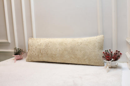 Vintage Turkish Rug Lumbar Pillow Cover: Beige Rustic Bolster, 12x36