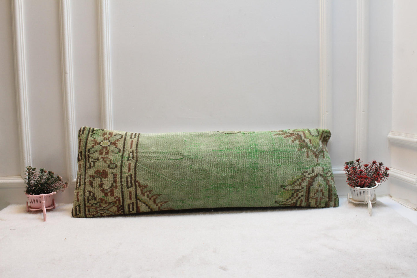 Boho Turkish Kilim Lumbar Pillow: Green Vintage Rug Cushion (12x36)