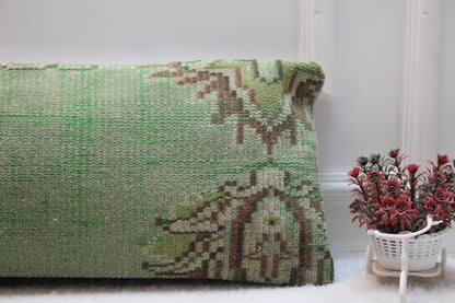 Boho Turkish Kilim Lumbar Pillow: Green Vintage Rug Cushion (12x36)