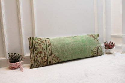 Boho Turkish Kilim Lumbar Pillow: Green Vintage Rug Cushion (12x36)