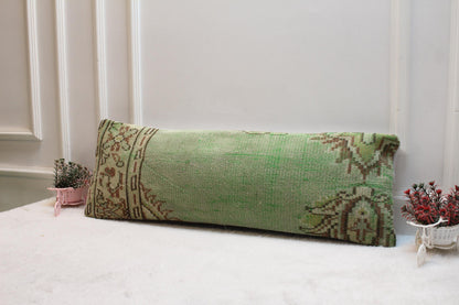 Boho Turkish Kilim Lumbar Pillow: Green Vintage Rug Cushion (12x36)