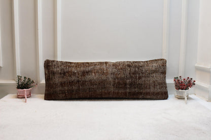 Handwoven Brown Kilim Lumbar Pillow Cover: 12x36 Turkish Rustic Cushion