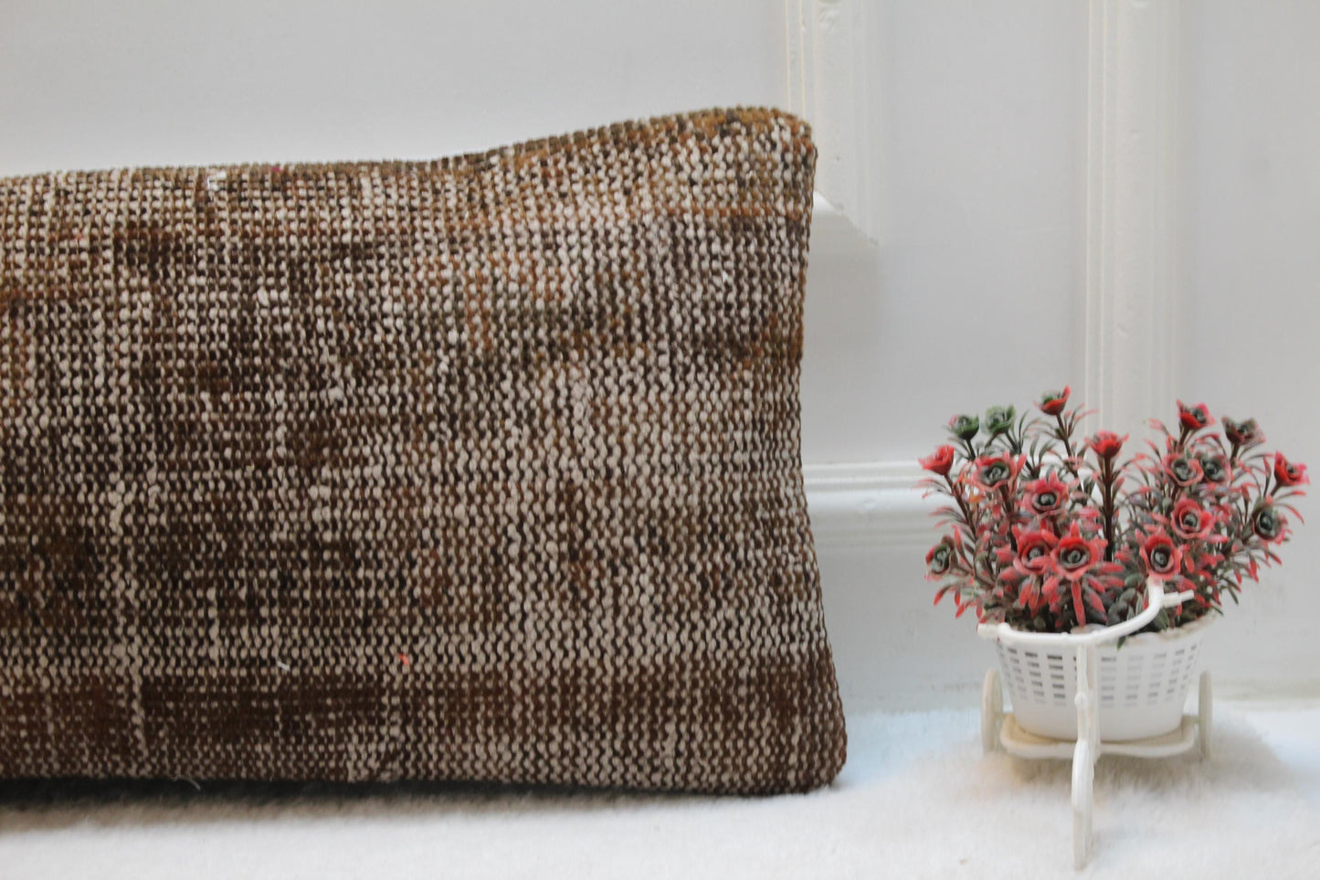 Handwoven Brown Kilim Lumbar Pillow Cover: 12x36 Turkish Rustic Cushion