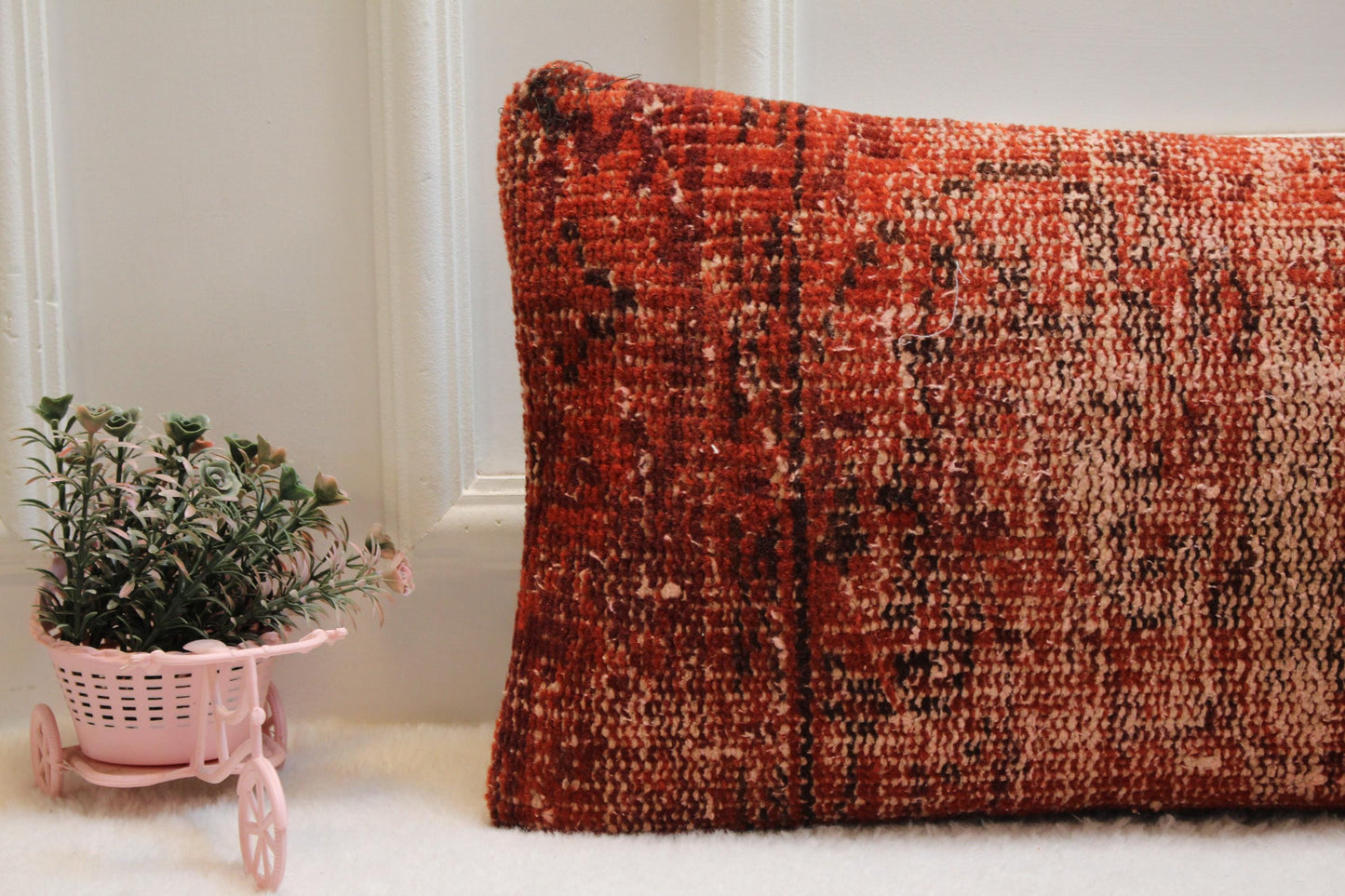 Terracotta Red Lumbar Pillow Cover 12x36: Vintage Turkish Rug, Handmade Wool