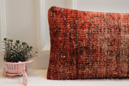 Terracotta Red Lumbar Pillow Cover 12x36: Vintage Turkish Rug, Handmade Wool