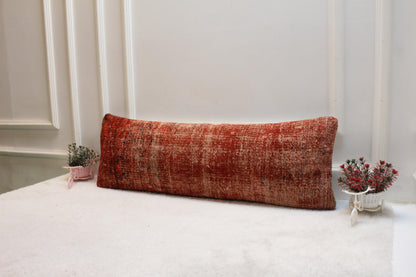 Terracotta Red Lumbar Pillow Cover 12x36: Vintage Turkish Rug, Handmade Wool