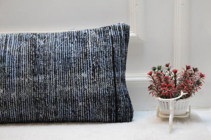Handwoven Turkish Rug Lumbar Pillow: Black and White Cushion (12x36)