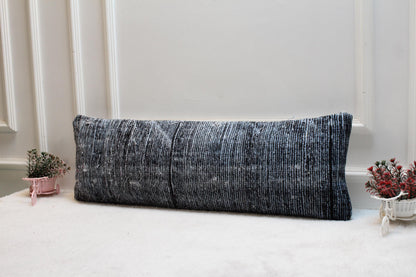 Handwoven Turkish Rug Lumbar Pillow: Black and White Cushion (12x36)