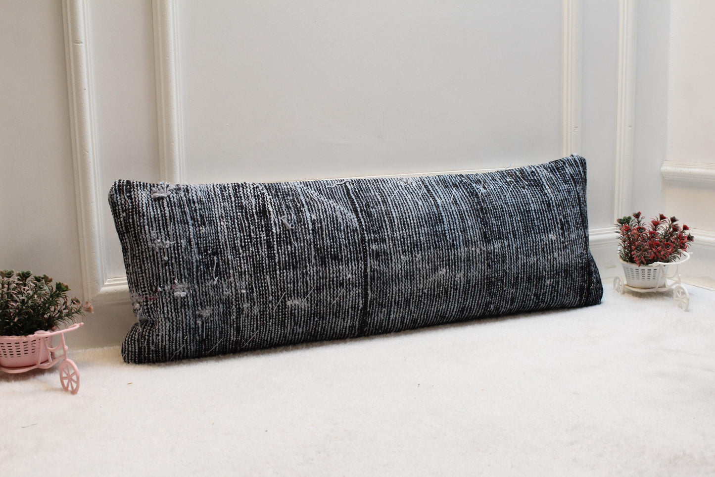 Handwoven Turkish Rug Lumbar Pillow: Black and White Cushion (12x36)