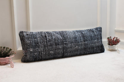 Handwoven Turkish Rug Lumbar Pillow: Black and White Cushion (12x36)