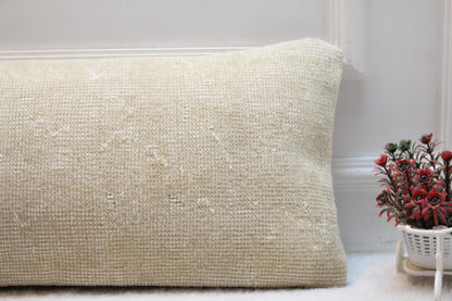 Vintage Turkish Rug Lumbar Pillow 12x36: Beige Boho Cushion