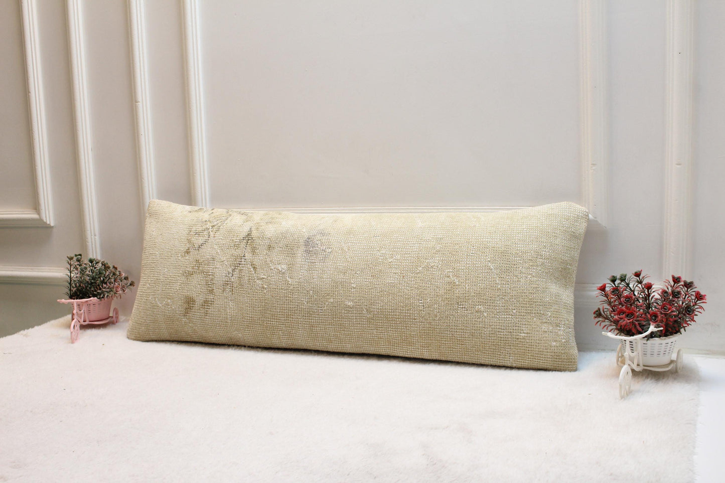 Vintage Turkish Rug Lumbar Pillow 12x36: Beige Boho Cushion