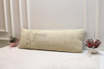Vintage Turkish Rug Lumbar Pillow 12x36: Beige Boho Cushion