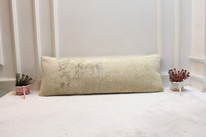 Vintage Turkish Rug Lumbar Pillow 12x36: Beige Boho Cushion