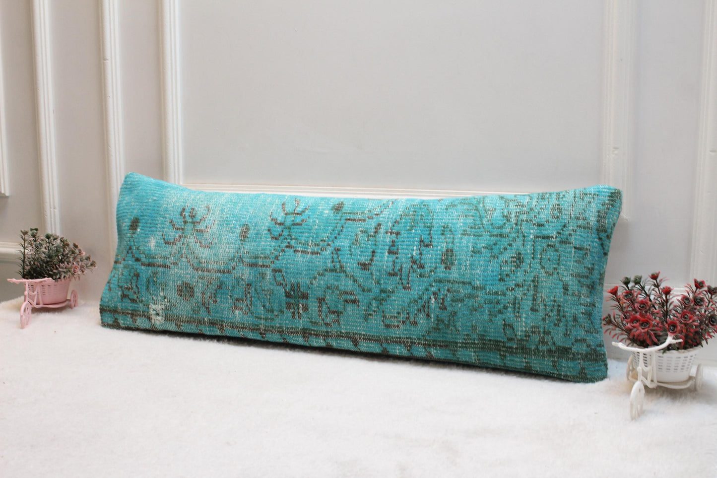 Handcrafted Turquoise Turkish Rug Lumbar Pillow: 12x36 Boho Cushion