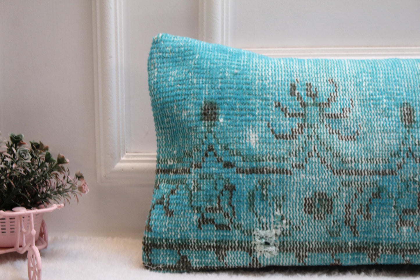 Handcrafted Turquoise Turkish Rug Lumbar Pillow: 12x36 Boho Cushion