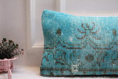 Handcrafted Turquoise Turkish Rug Lumbar Pillow: 12x36 Boho Cushion