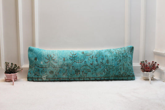 Vintage Turkish Rug Lumbar Pillow Cover: Turquoise Floral, 12x36 Boho Decor