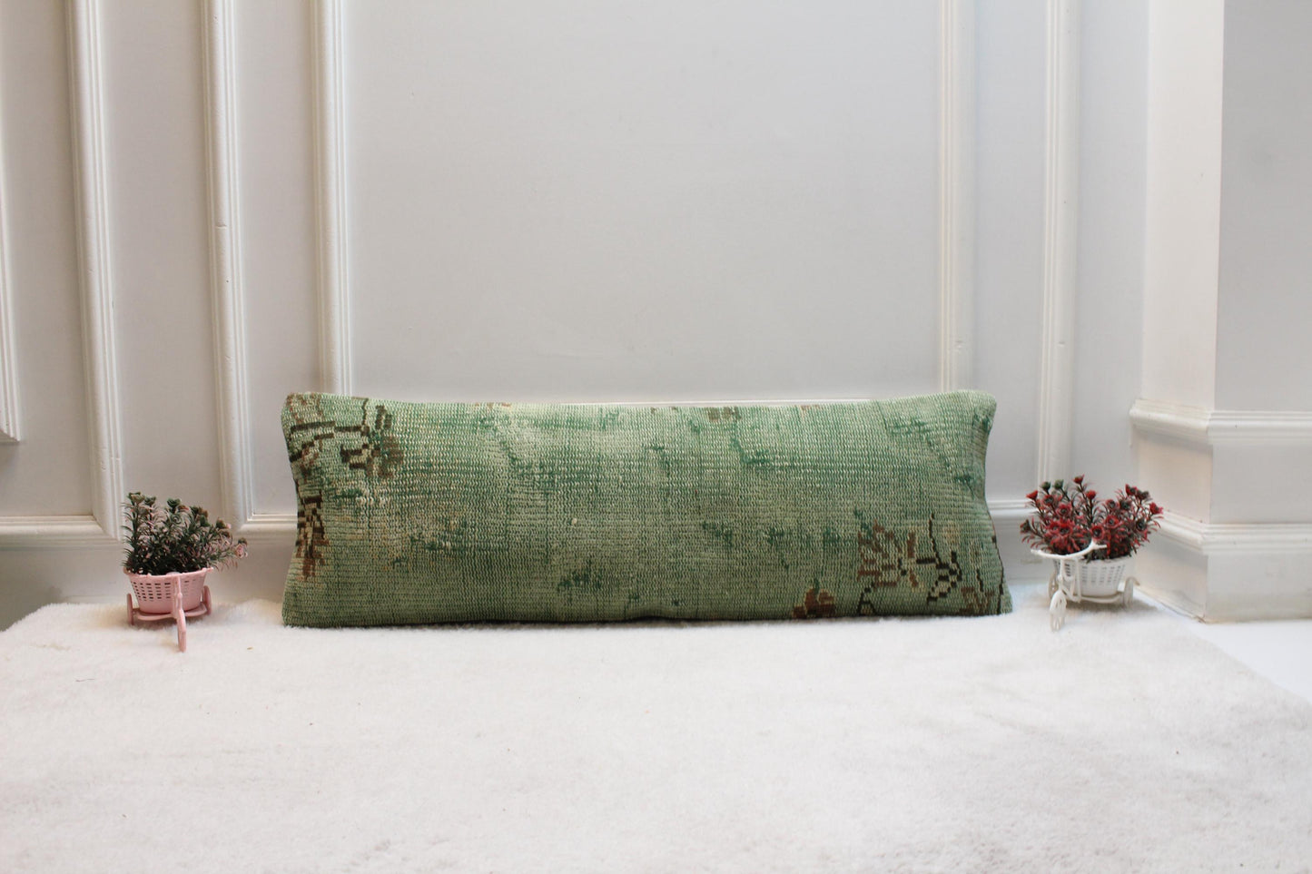 Handmade Turkish Rug Lumbar Pillow Cover: Faded Green Boho Farmhouse Cushion (12x36)