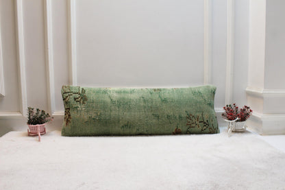 Handmade Turkish Rug Lumbar Pillow Cover: Faded Green Boho Farmhouse Cushion (12x36)
