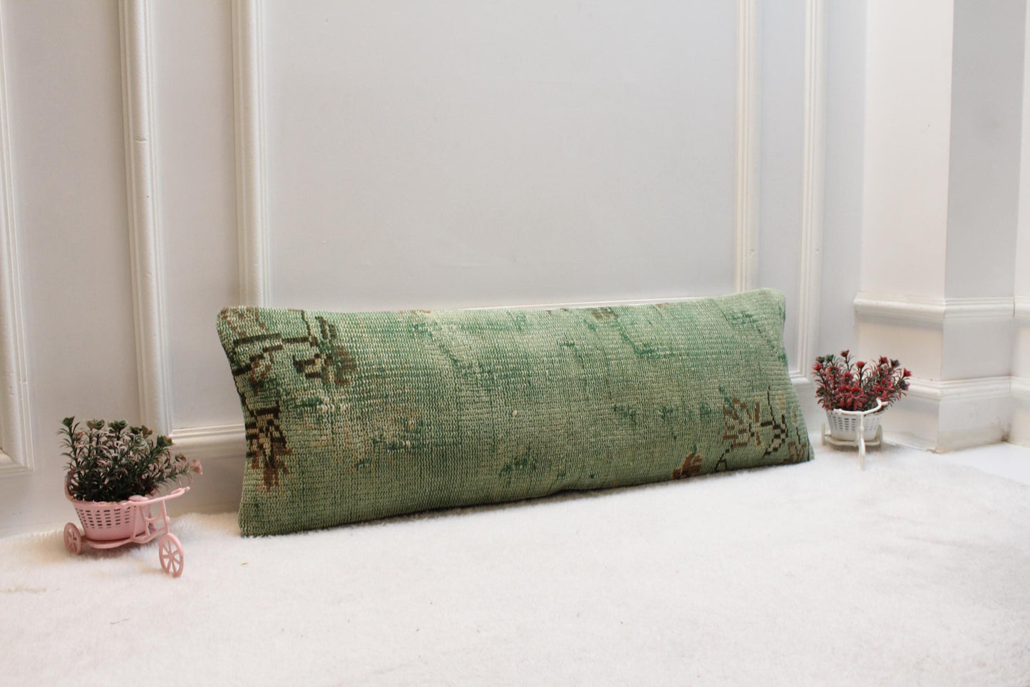 Handmade Turkish Rug Lumbar Pillow Cover: Faded Green Boho Farmhouse Cushion (12x36)