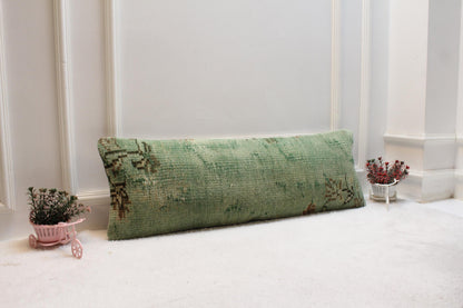 Handmade Turkish Rug Lumbar Pillow Cover: Faded Green Boho Farmhouse Cushion (12x36)