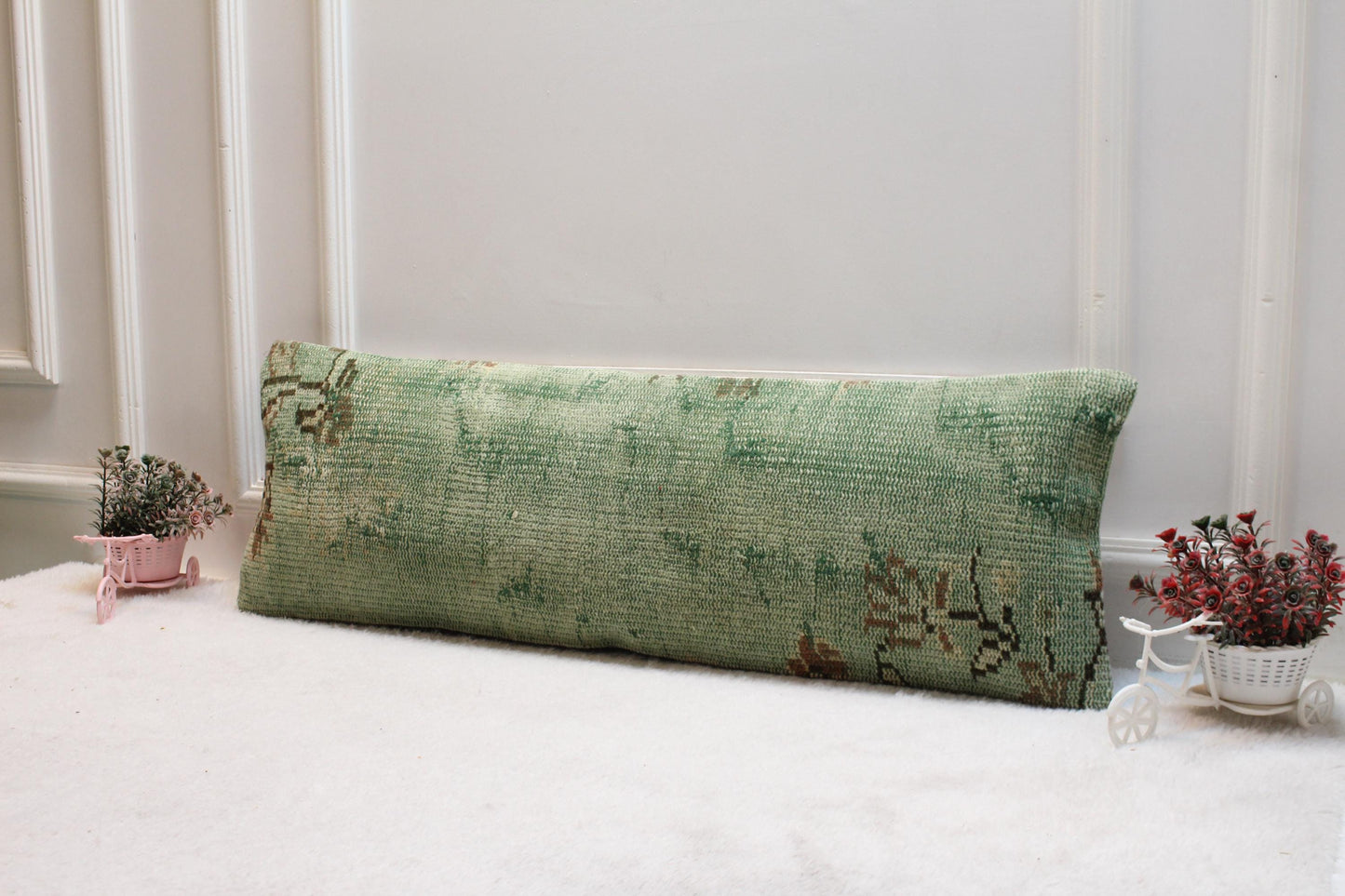 Handmade Turkish Rug Lumbar Pillow Cover: Faded Green Boho Farmhouse Cushion (12x36)