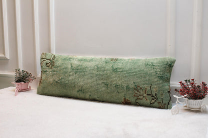 Handmade Turkish Rug Lumbar Pillow Cover: Faded Green Boho Farmhouse Cushion (12x36)