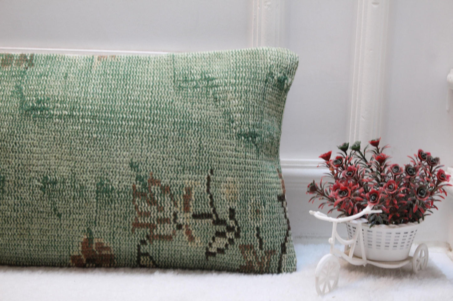 Handmade Turkish Rug Lumbar Pillow Cover: Faded Green Boho Farmhouse Cushion (12x36)