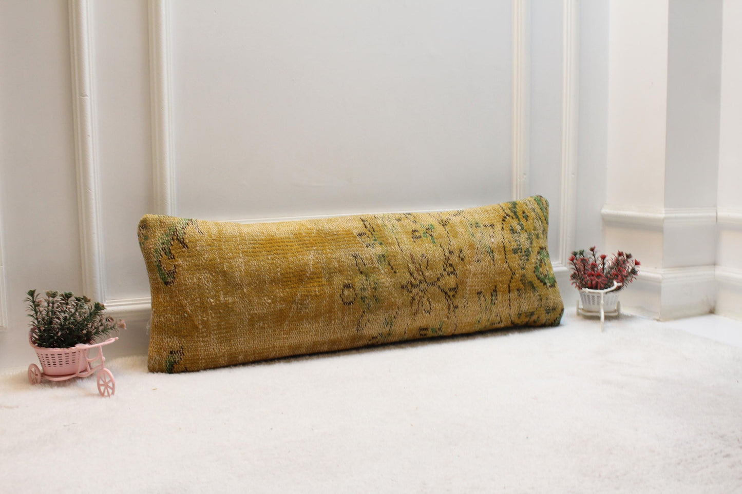 Vintage Turkish Rug Lumbar Pillow: 12x36 Floral Boho Cushion