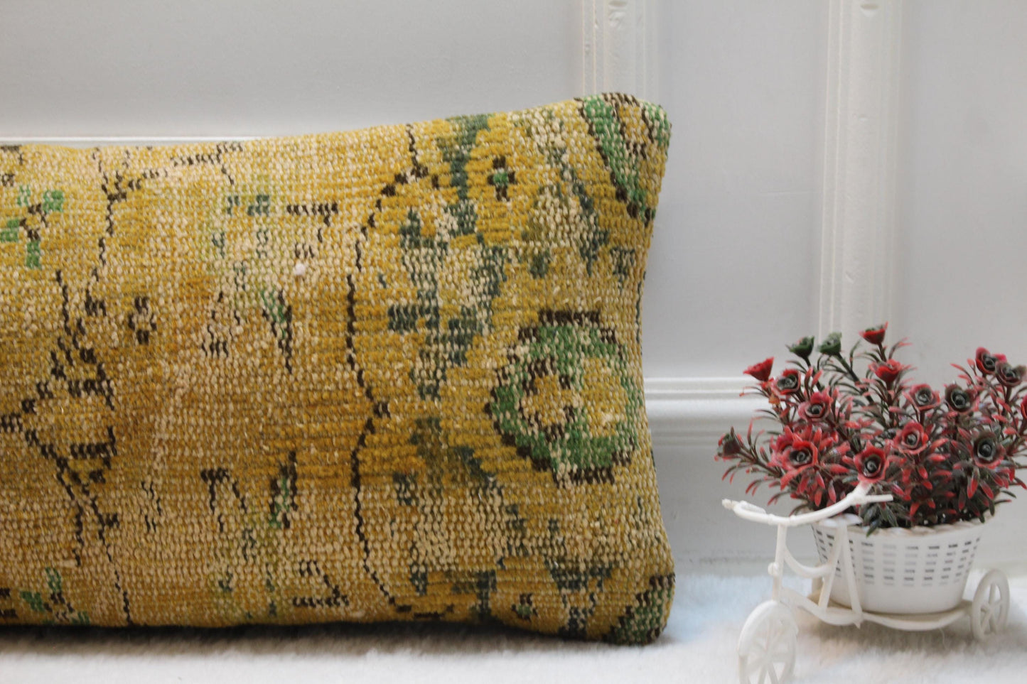 Vintage Turkish Rug Lumbar Pillow: 12x36 Floral Boho Cushion
