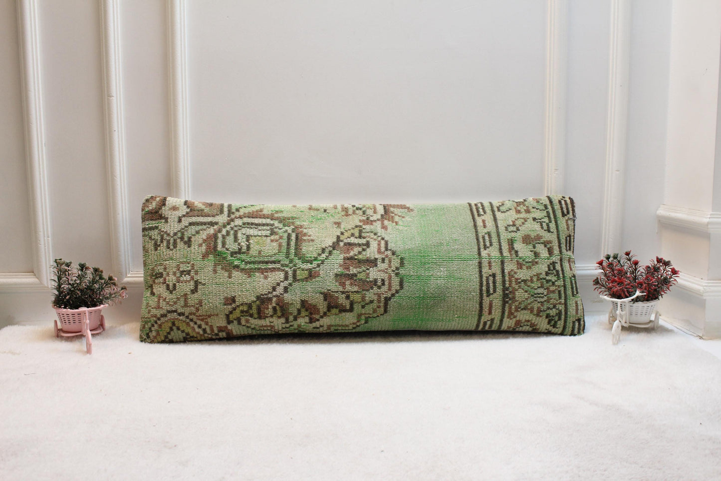 Green Turkish Rug Lumbar Pillow Cover: Rustic Boho Cushion (12x36)