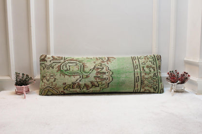 Green Turkish Rug Lumbar Pillow Cover: Rustic Boho Cushion (12x36)