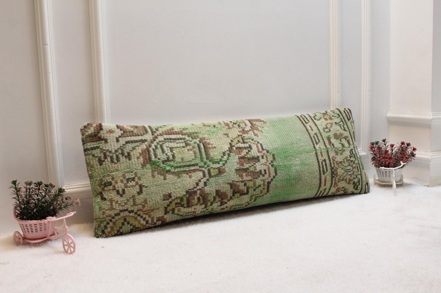 Green Turkish Rug Lumbar Pillow Cover: Rustic Boho Cushion (12x36)