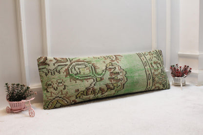 Green Turkish Rug Lumbar Pillow Cover: Rustic Boho Cushion (12x36)