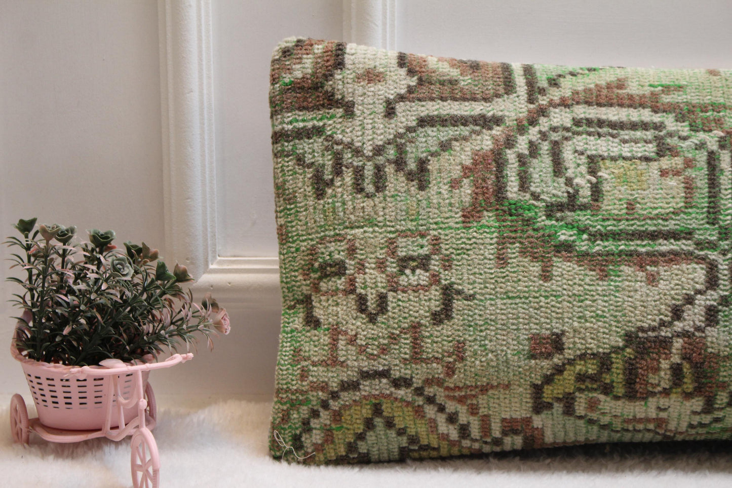 Green Turkish Rug Lumbar Pillow Cover: Rustic Boho Cushion (12x36)