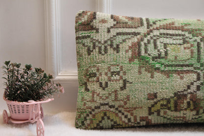 Green Turkish Rug Lumbar Pillow Cover: Rustic Boho Cushion (12x36)