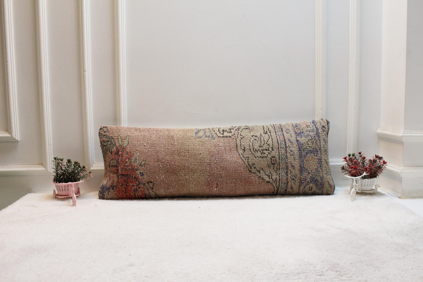 Vintage Turkish Rug Lumbar Pillow 12x36: Terracotta Beige Boho Cushion