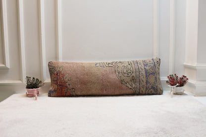 Vintage Turkish Rug Lumbar Pillow 12x36: Terracotta Beige Boho Cushion